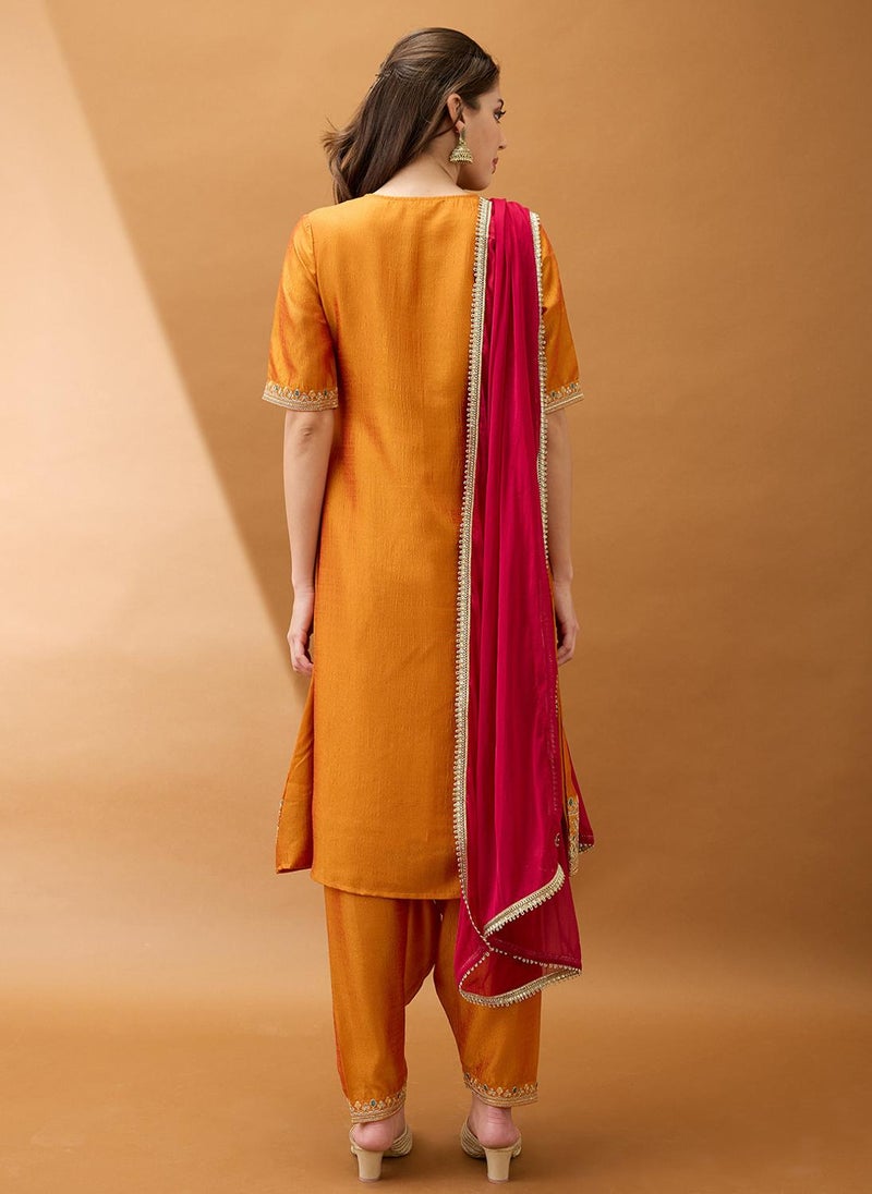 Globus Women Yellow Sequinned Zari Embroidered Yoke A-Line Kurta With Pant & Contrast Dupatta Festive Set - Image 4